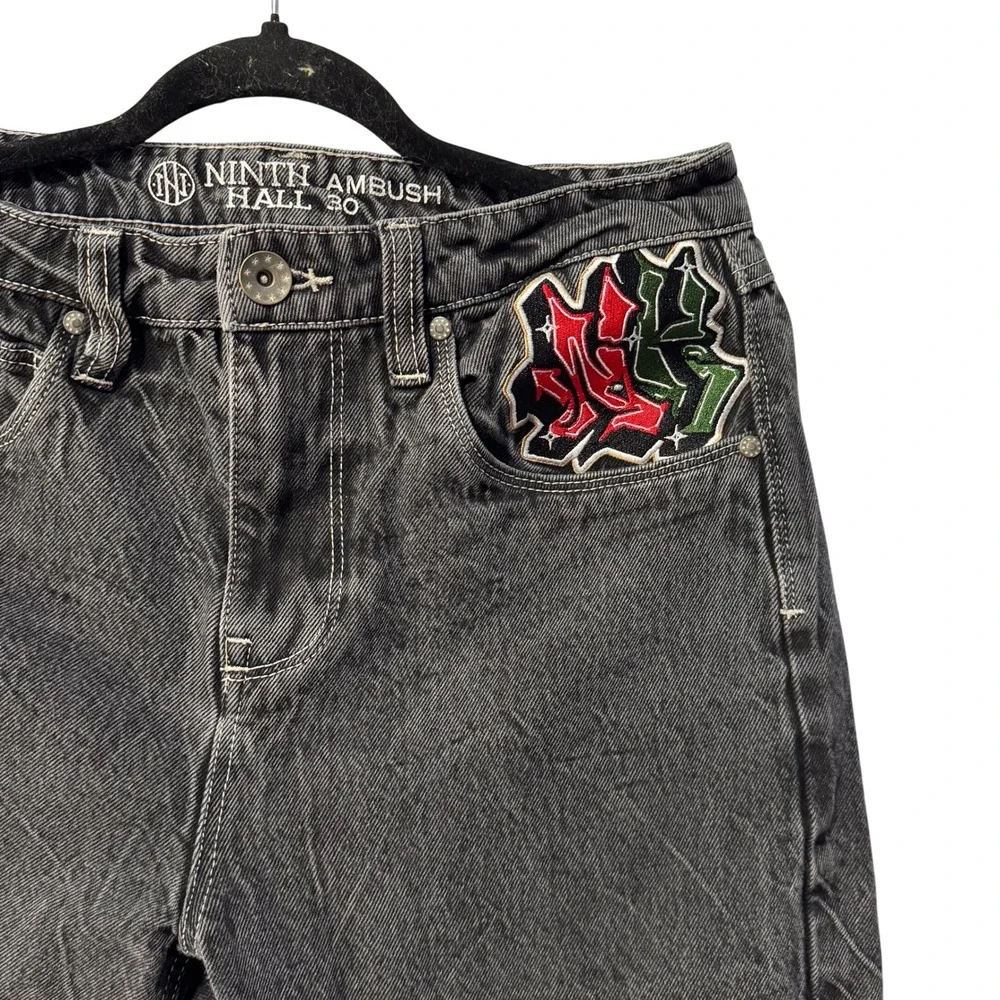 Ninth Hall Ambush Baggy Jeans Washed Black Embroidered Skater Mens 30 Streetwear - Picture 2 of 7